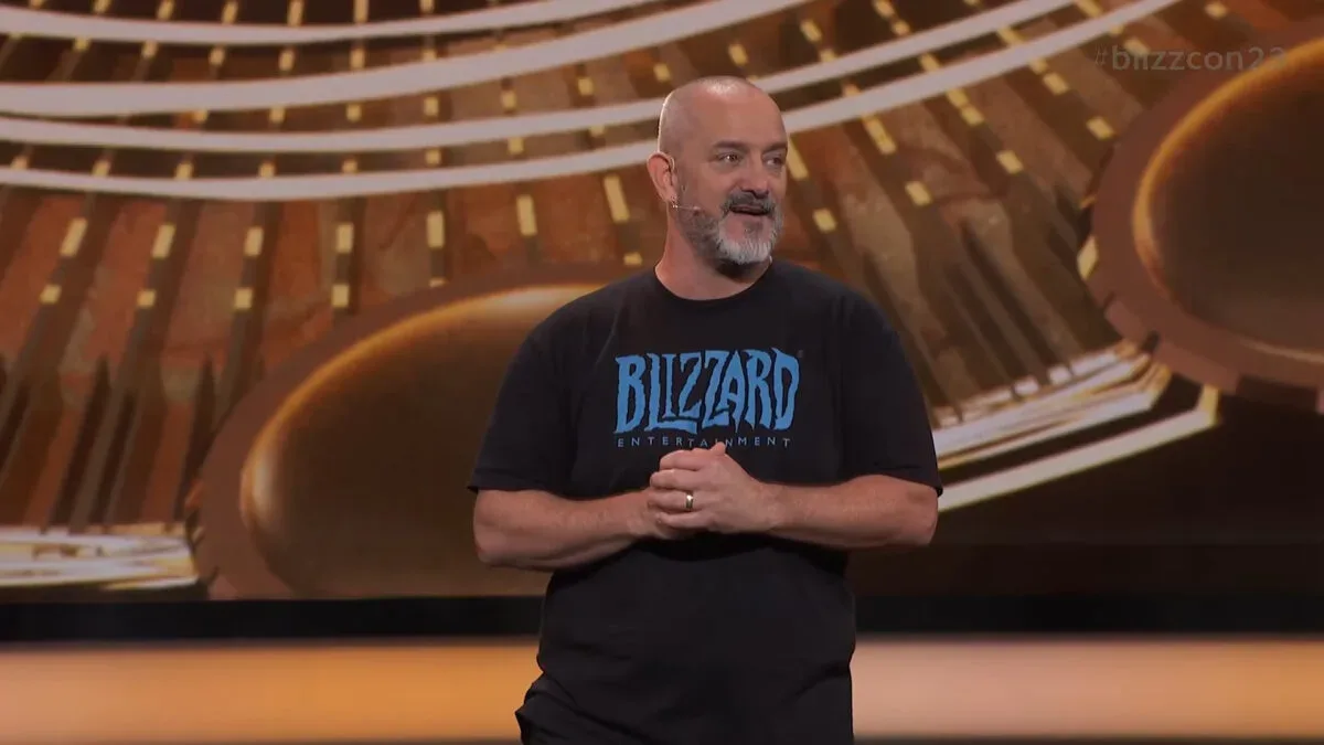 Chris Metzen speaking at a World of Warcraft convention panel