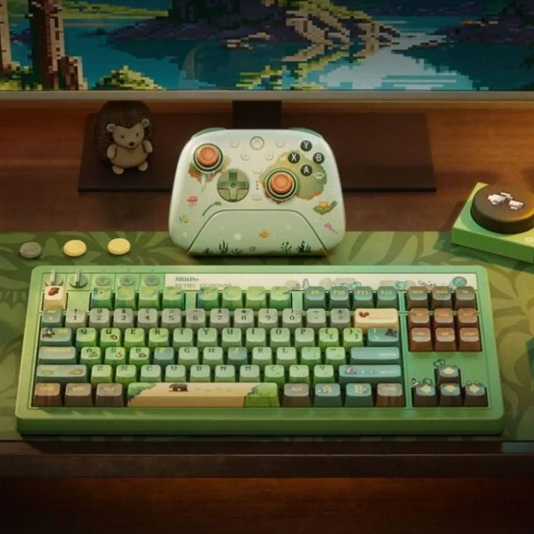 8BitDo Retro R8 Mouse Forest Wonder with matching charging dock