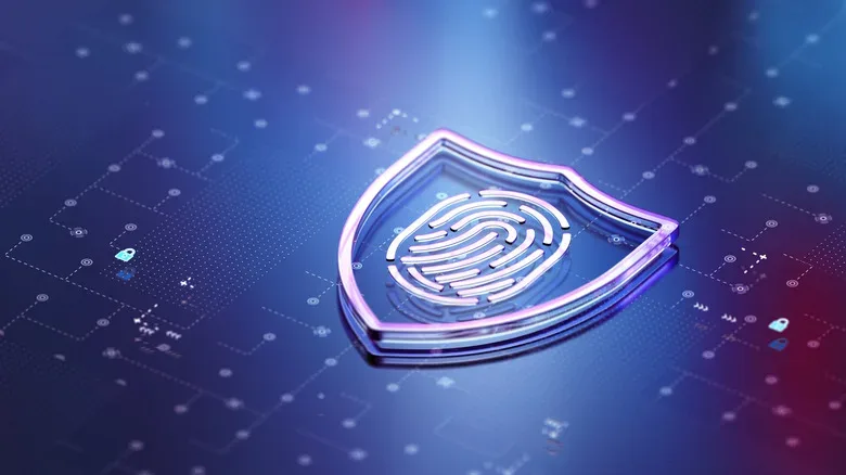 Digital shield with a fingerprint symbol, representing biometric authentication and identity security.
