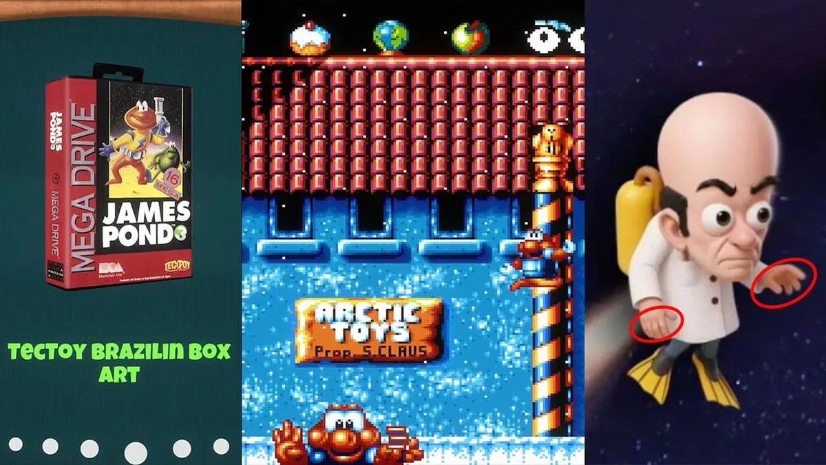 James Pond Legacy gameplay trailer frame showing the repeated “Brazilin” spelling error