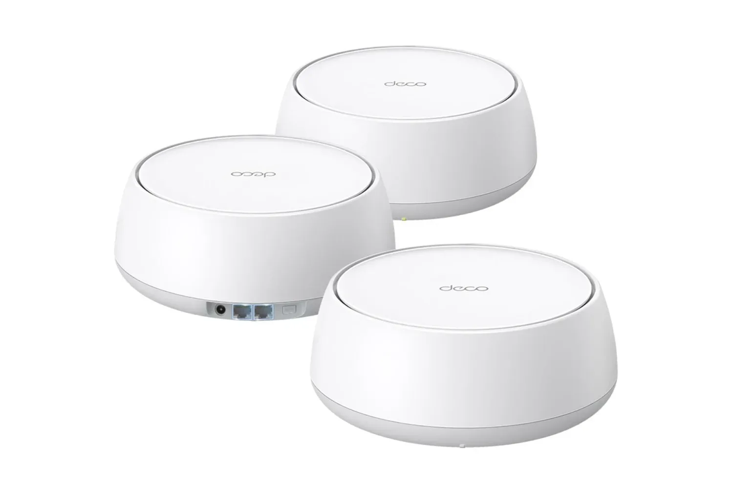 Three TP-Link Deco BE5000 WiFi 7 mesh units arranged for whole-home wireless coverage