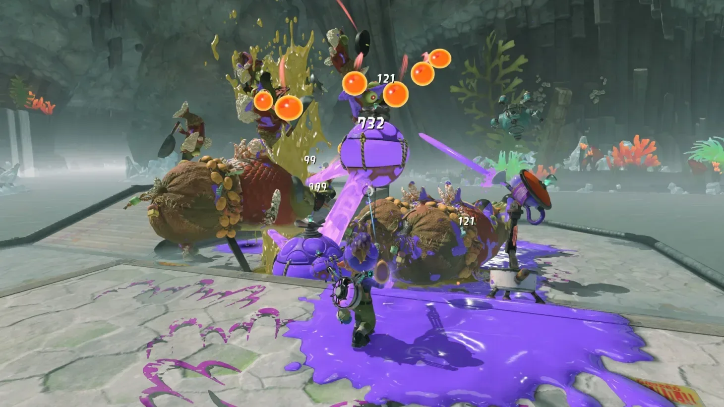 Splatoon Raiders character swimming through colorful ink during a Salmonid raid