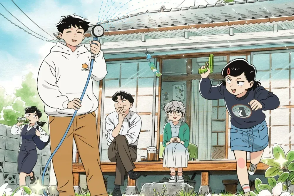 Hirayasumi anime key visual showing Hiroto and Natsumi outside the Asagaya house