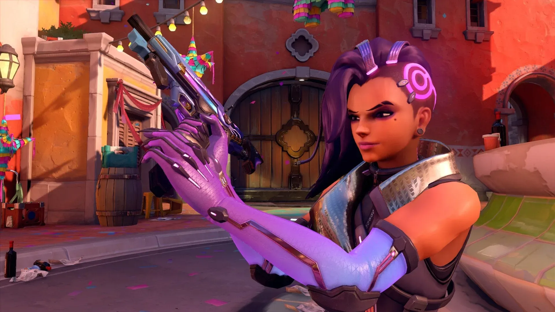 A conceptual Overwatch team fight illustrating Sombra’s Support role and Cyberspace area effect