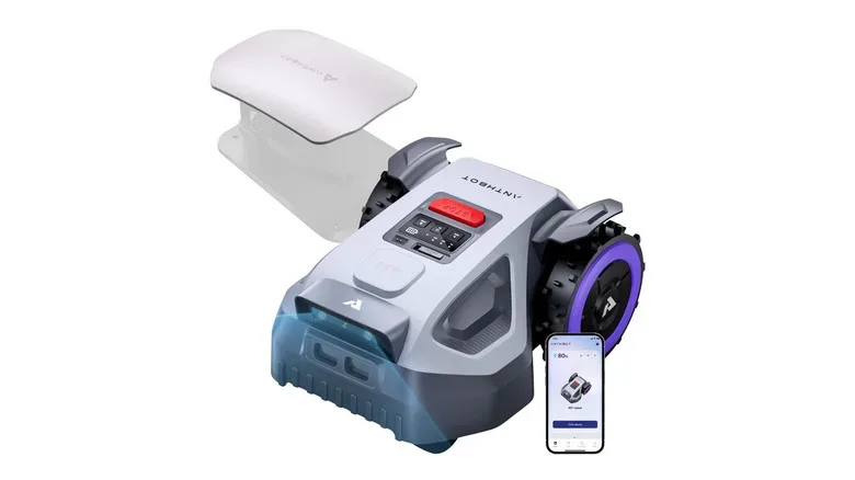 Product picture of the ANTHBOT M5 smart mower and phone with app on screen.