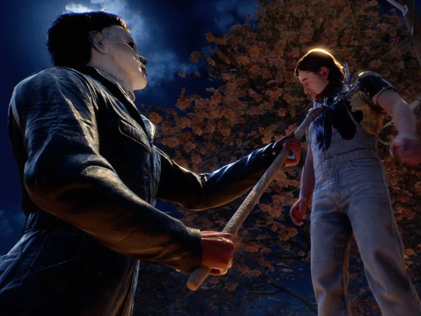 Michael holds a civilian in the air as he kills them with a pitchfork in Halloween the Game.
