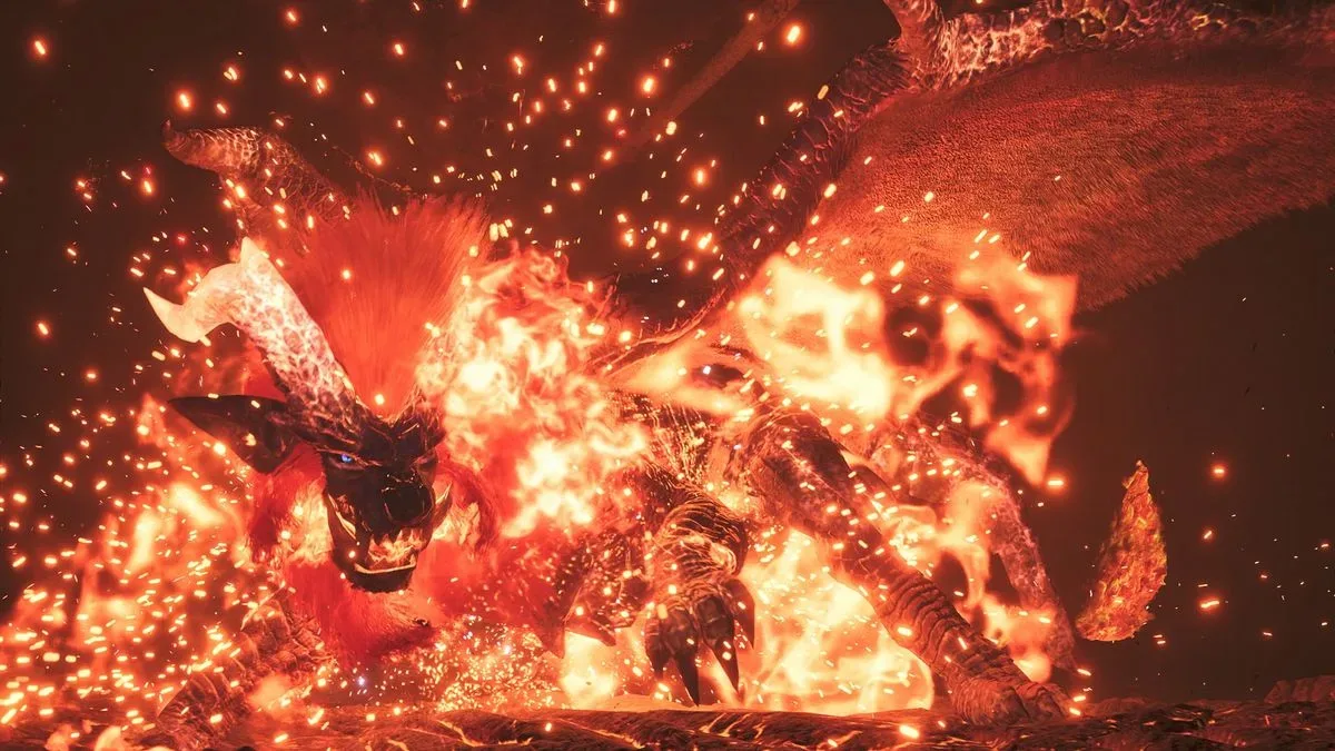 The fiery Teostra in Monster Hunter Wilds Ascendance