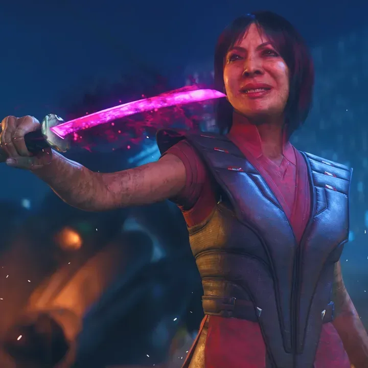 Lady Deathstrike wielding a purple energy sword in Marvel’s Wolverine