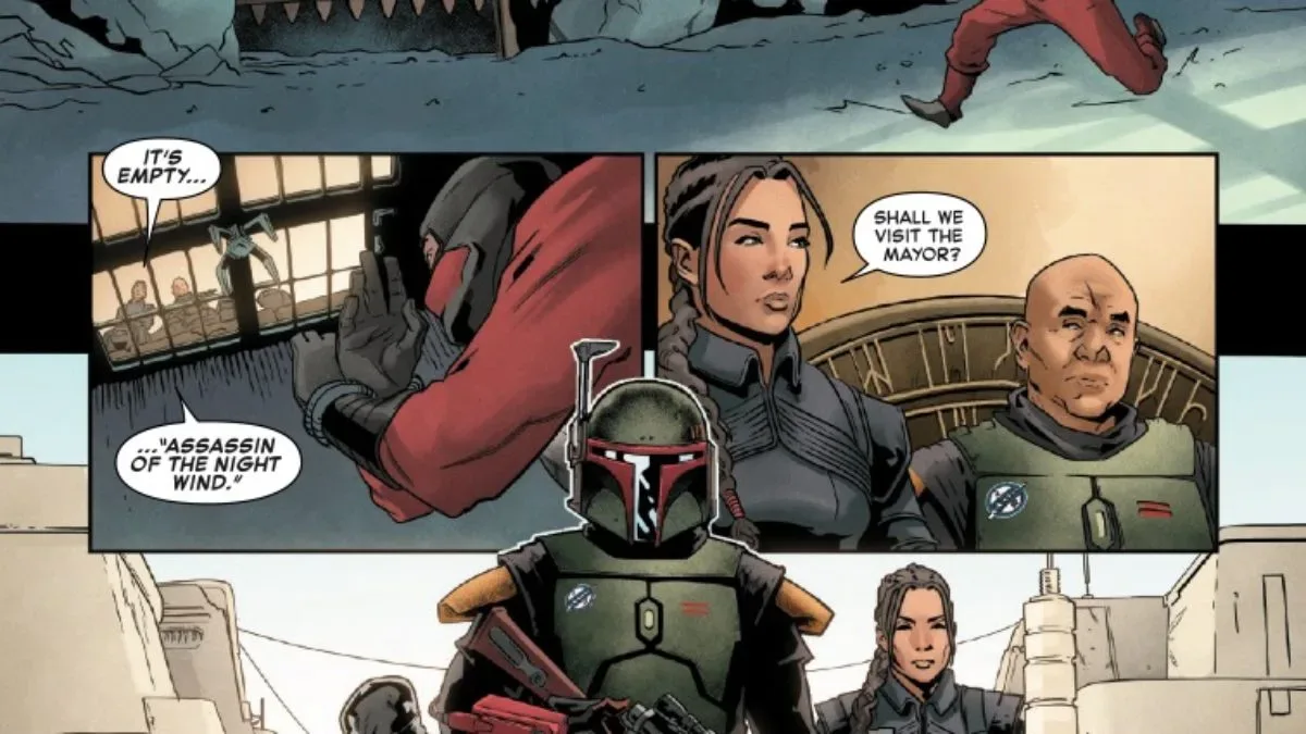 Boba Fett stands in Mos Espa as rival syndicates threaten a fragile peace