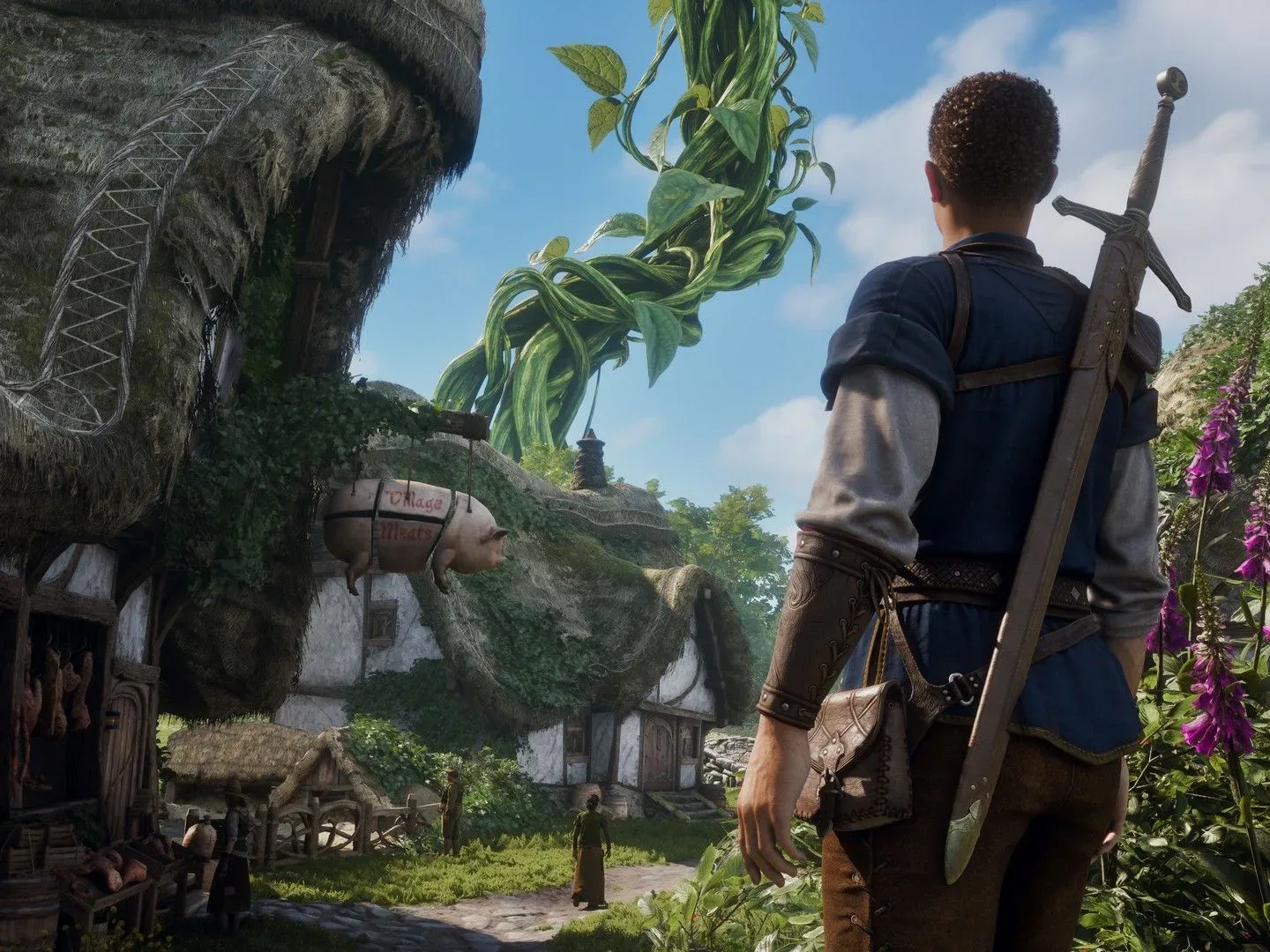 The hero looks at a giant beanstalk growing out of a house in a lush village in Fable (2027) for Xbox Series X, a possible consequence of player action