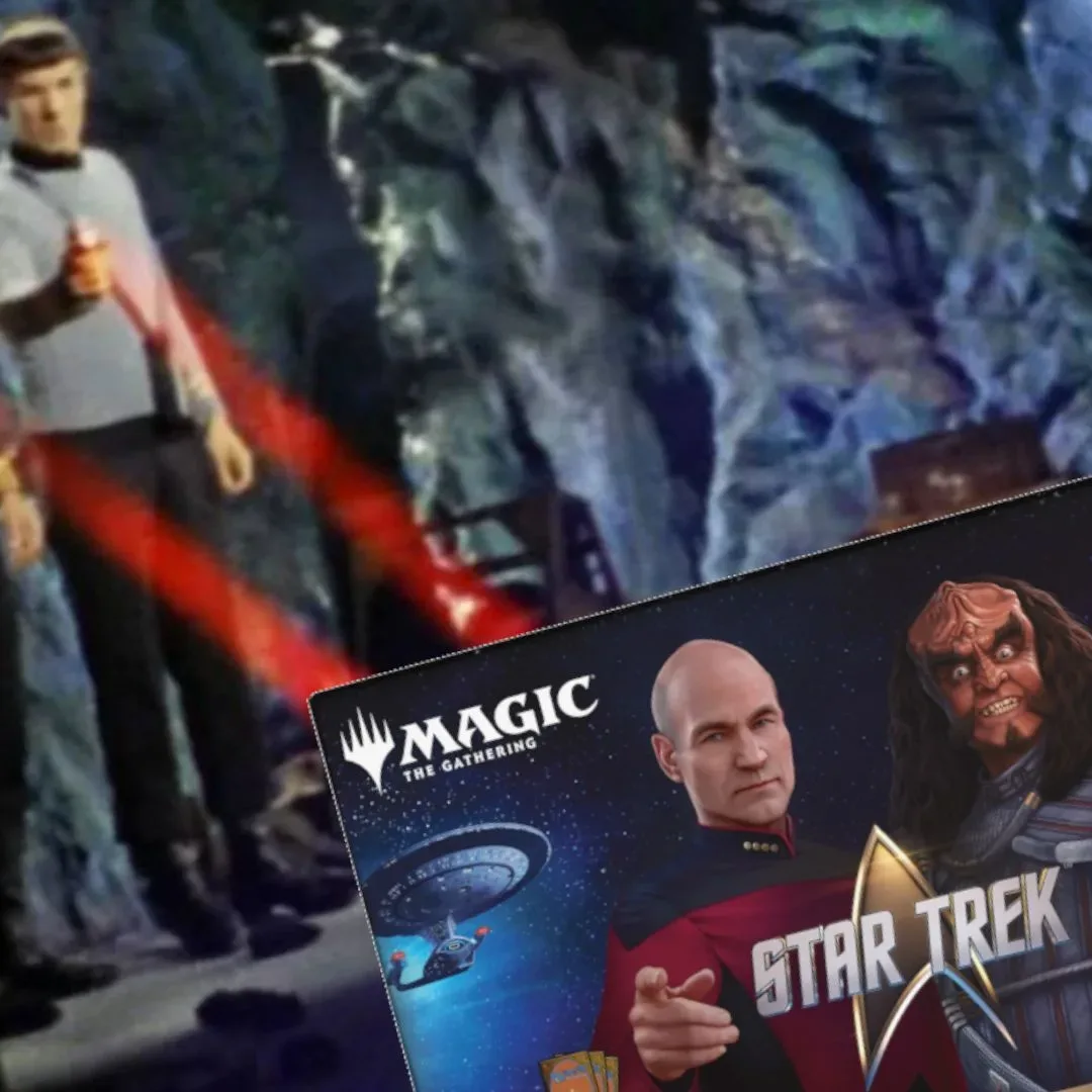 Kirk and Spock fire phasers at the MTG Star Trek Beginner Box