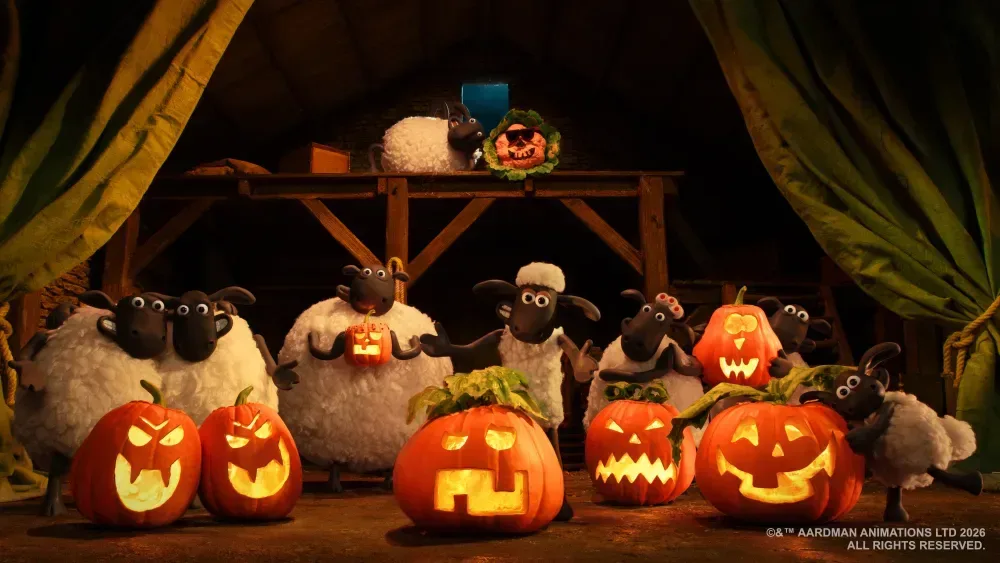 Stop-motion Shaun the Sheep characters amid pumpkins and autumn Halloween scenery