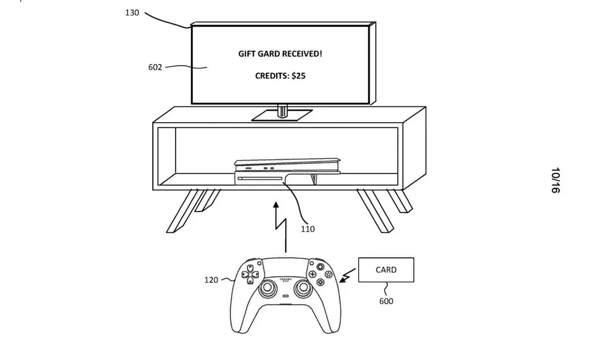 An illustration from Sony's patent showing a gift card being transferred to a PlayStation console by tapping it against the controller