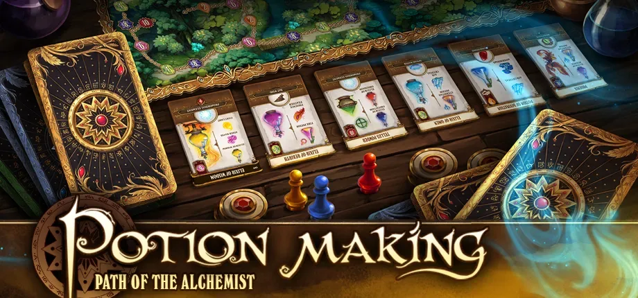 Potion-making: Path of the Alchemist digital board game interface with alchemy recipes on a shared table