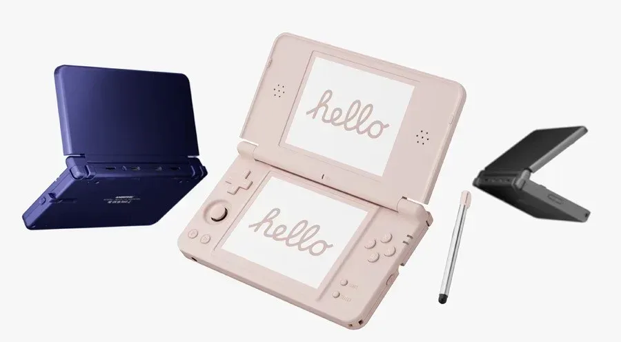 Anbernic RG DS Plus dual-screen emulation handheld shown open with its upper and lower displays