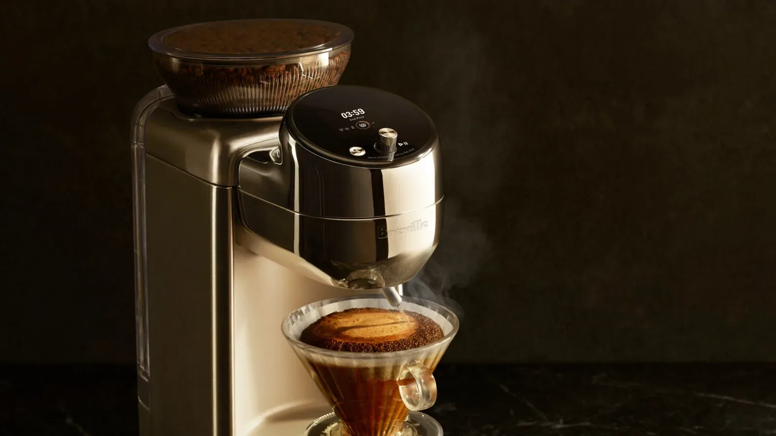 Breville Spiral Luxe Auto Pour Over coffee machine with integrated grinder and conical dripper