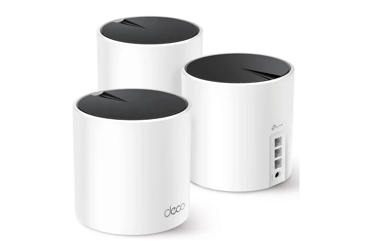 Three TP-Link Deco X55 Wi-Fi 6 mesh units arranged for whole-home wireless coverage
