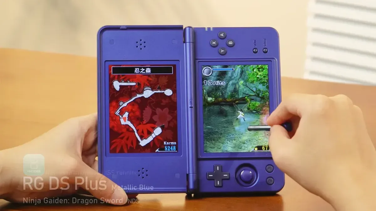 ANBERNIC RG DS Plus dual-screen handheld displaying Nintendo DS-style gameplay
