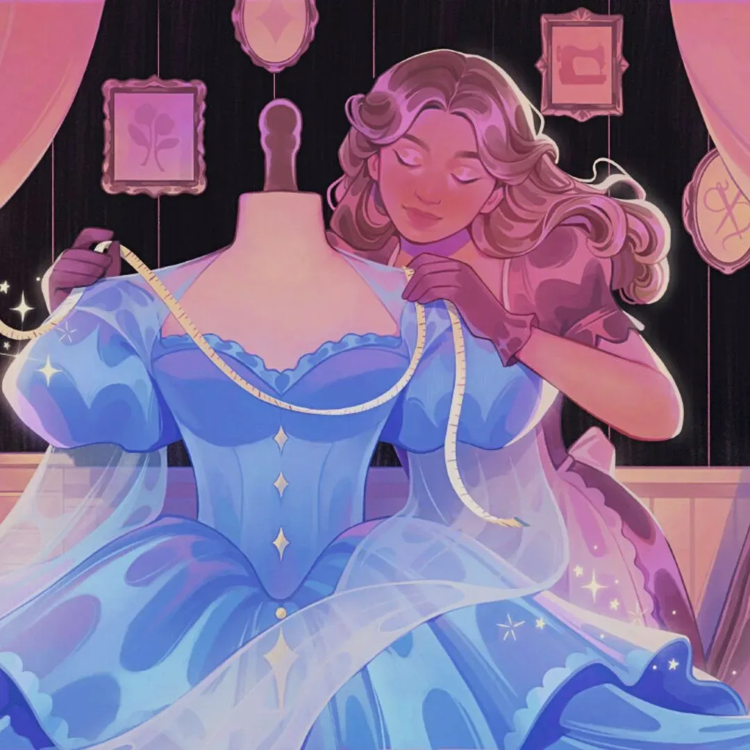 Dressmaker promotional artwork featuring a cozy dressmaking shop