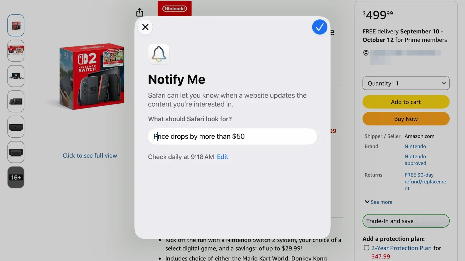 Safari Notify Me menu on an Apple device