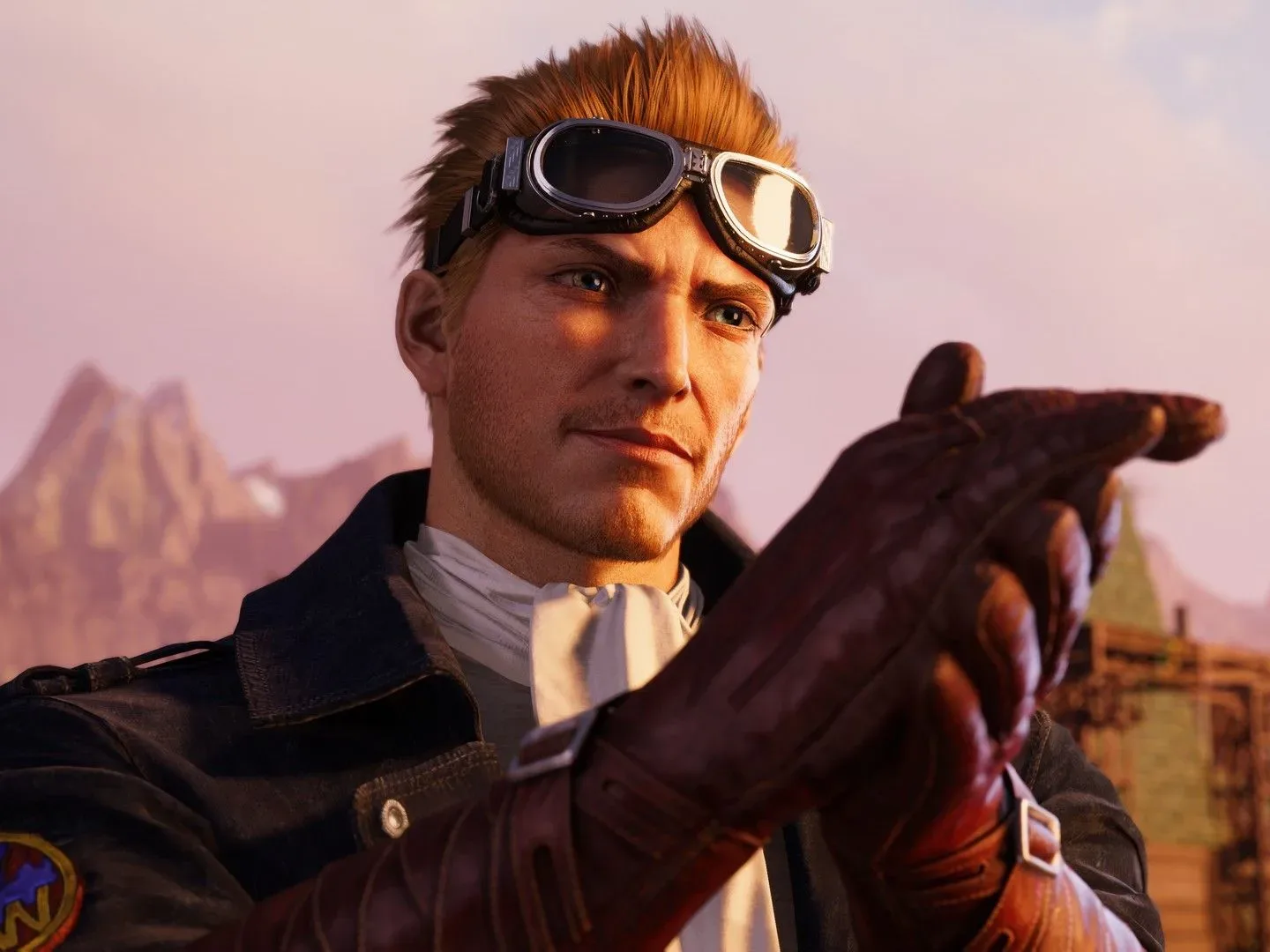 Cid, his pilot goggles lifted beneath his blonde hair, in Final Fantasy 7 Revelation, rubs his gloved hands together