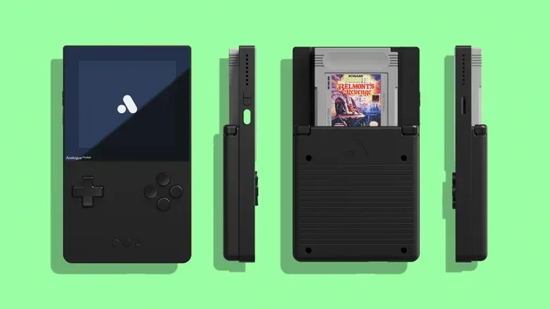 Game Boy, Game Boy Color and Game Boy Advance cartridges beside an Analogue Pocket