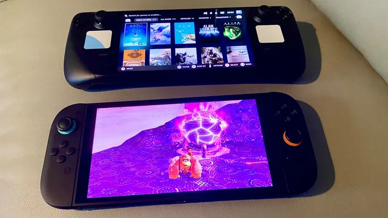 Close view of Steam Deck OLED and Switch 2 displays highlighting OLED and LCD differences