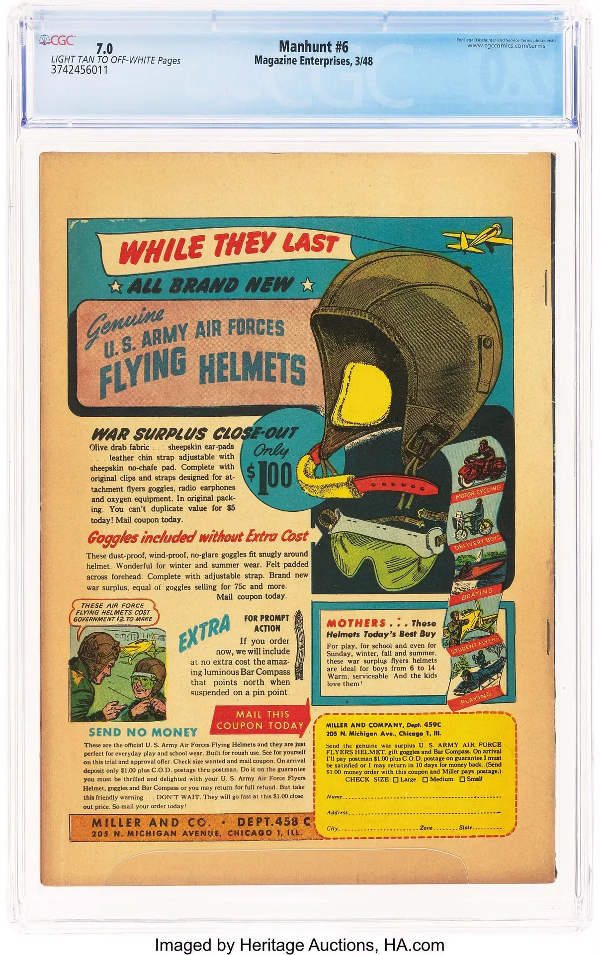 Manhunt #6 (Magazine Enterprises, 1948) back cover. Miller and Company advertisement offers U.S. Army Air Forces surplus flying helmets with goggles for one dollar.