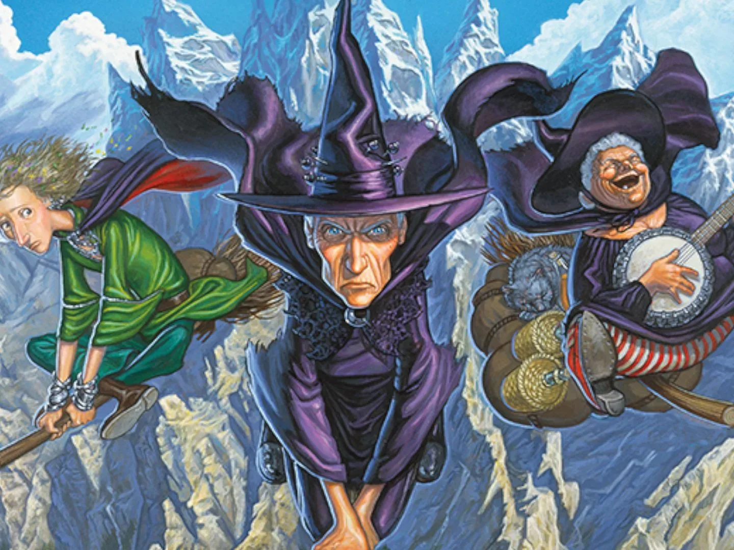 Three witches fly across mountains on their broomsticks in artwork from the cover of Discworld: Adventures in Lancre and Überwald