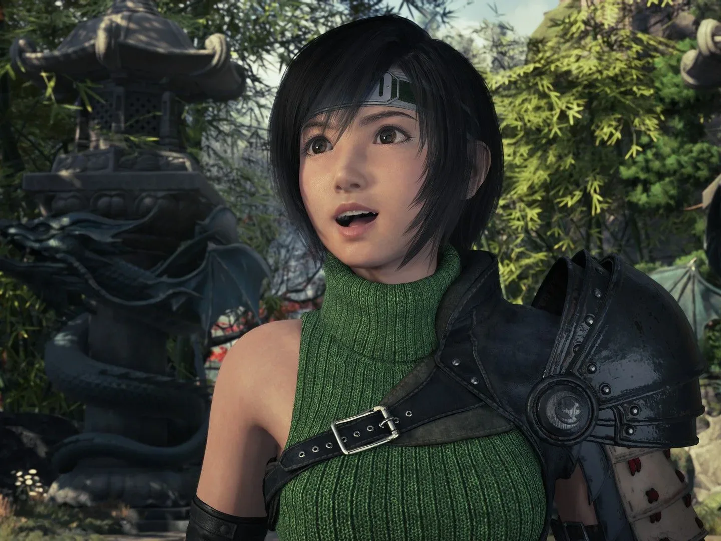 Yuffie stands in a jungle in Final Fantasy 7 Revelation with her mouth open