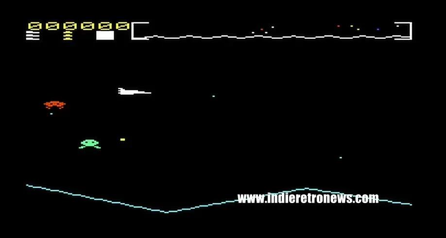 A player ship rescuing humanoids amid alien enemies in a retro arcade-style game