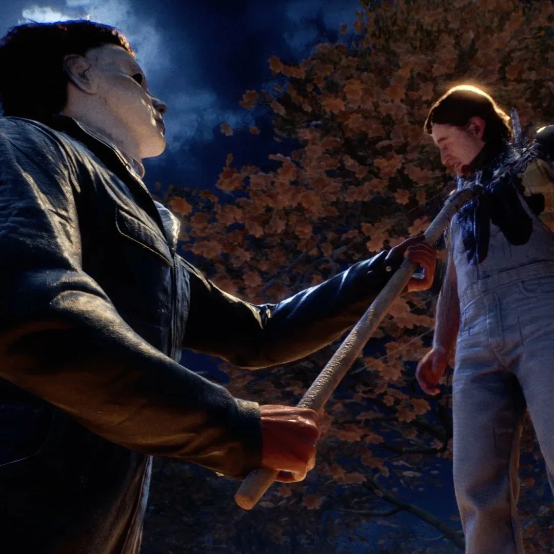 Michael holds a civilian in the air as he kills them with a pitchfork in Halloween the Game.