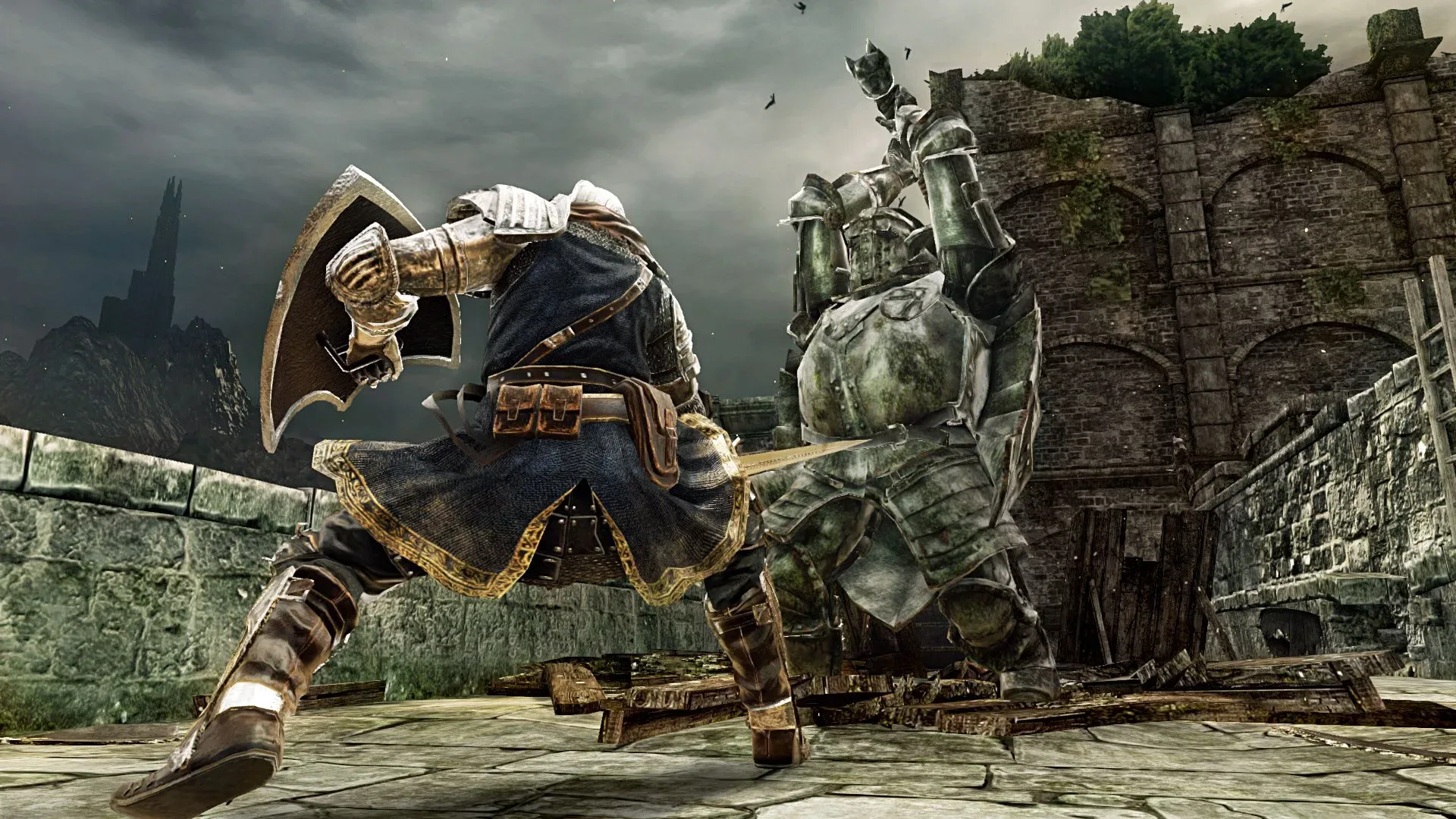 Dark Souls 2 player characters traveling together through a dark stone corridor