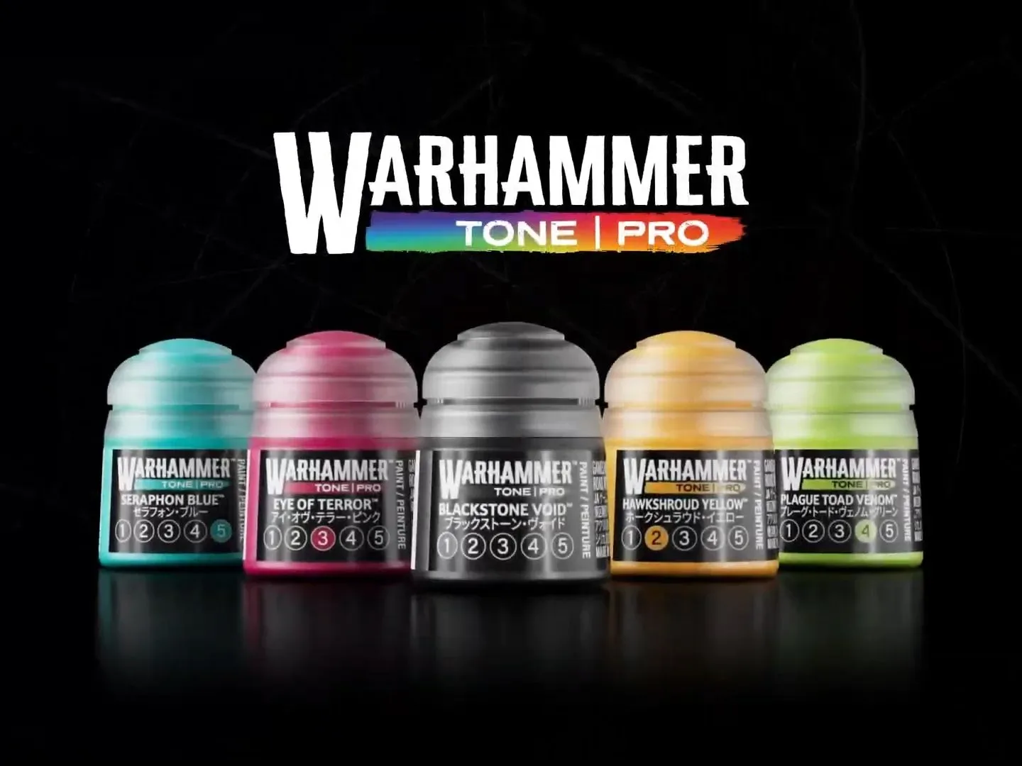 Warhammer Tone Pro logo and paints on a dark background