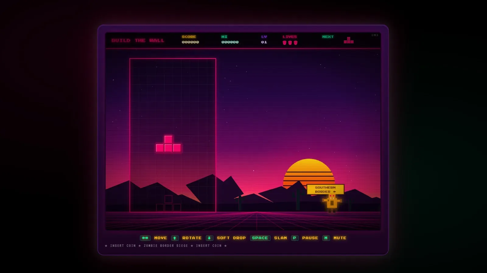 Falling block puzzle gameplay representing a wall-building browser game