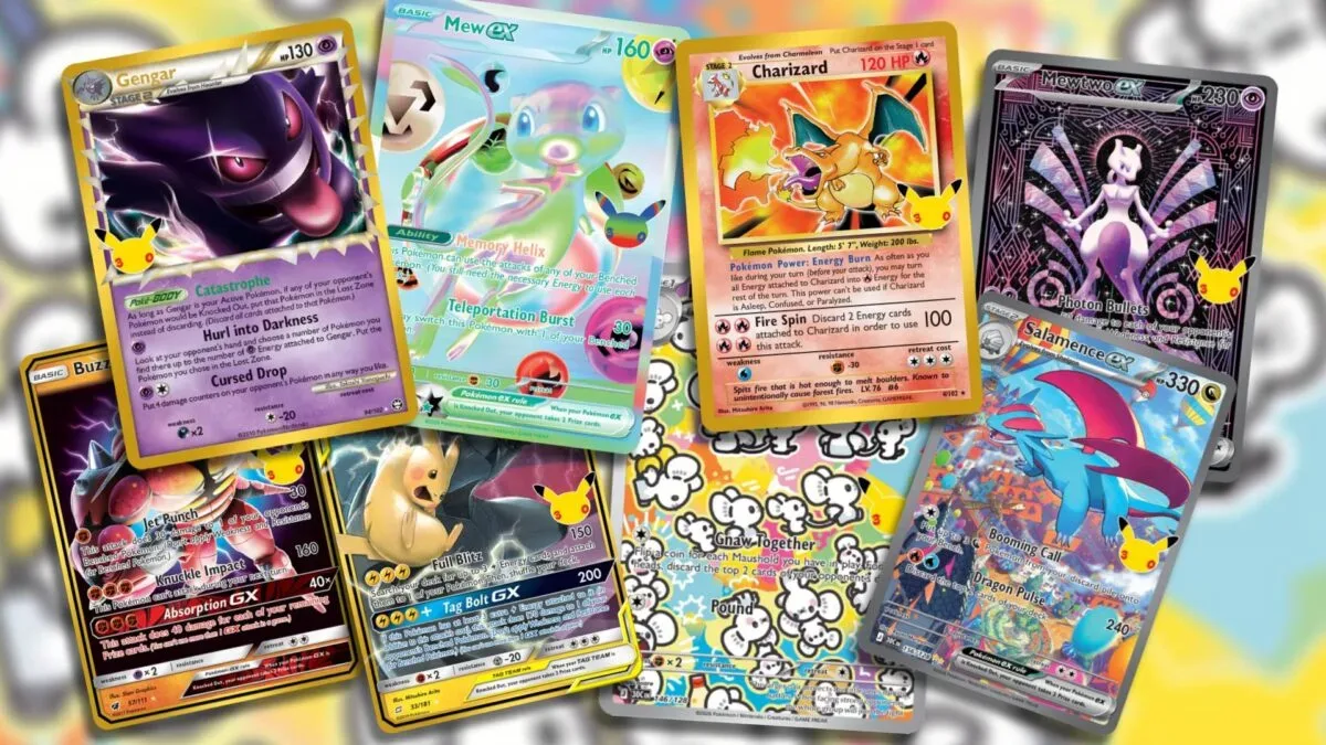 Pokémon TCG 30th Celebration booster pack beside holo cards