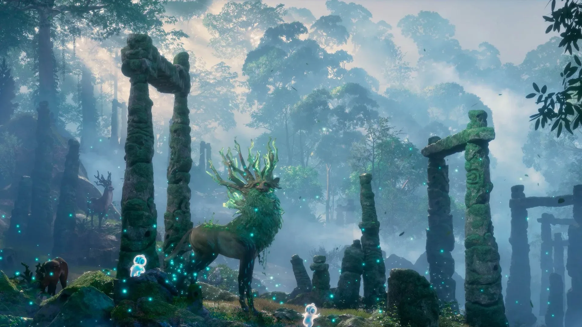 A character explores a snowy Everland biome during a blizzard in Of Peaks and Tides