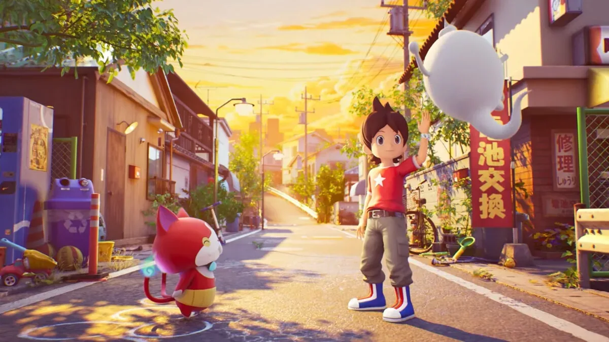 Yo-Kai Watch 2: Haunted Domain trailer background showing Japanese electrical wires