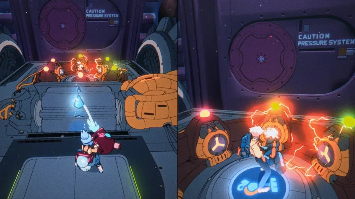 Maki and Omura blast their way through a level in Orbitals in split-screen