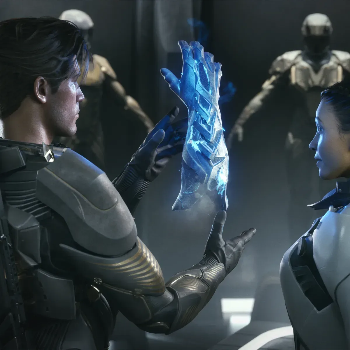 Exodus space-opera RPG companions gathered aboard a futuristic starship