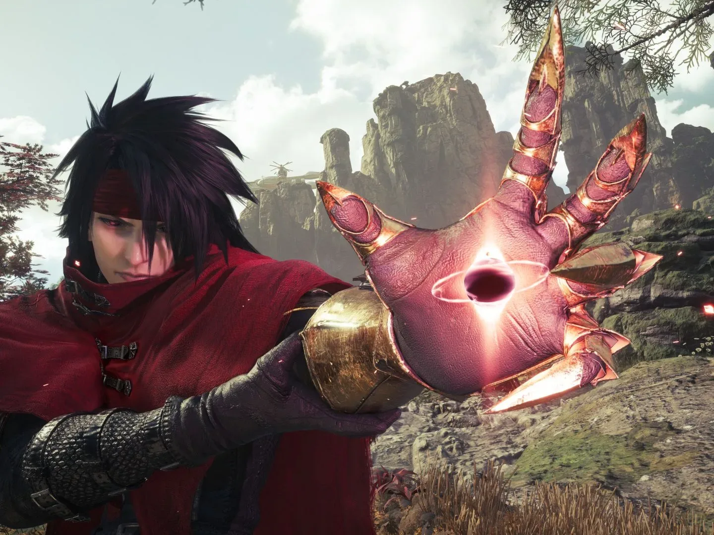 Party member Vincent Valentine, who has dark long hair and a red headband, raises a crystal in his hand in Final Fantasy 7 Revelation