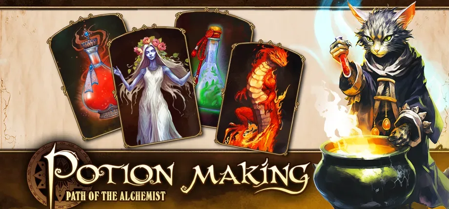 Alchemists combining ingredients and competing for recipes in Potion-making: Path of the Alchemist