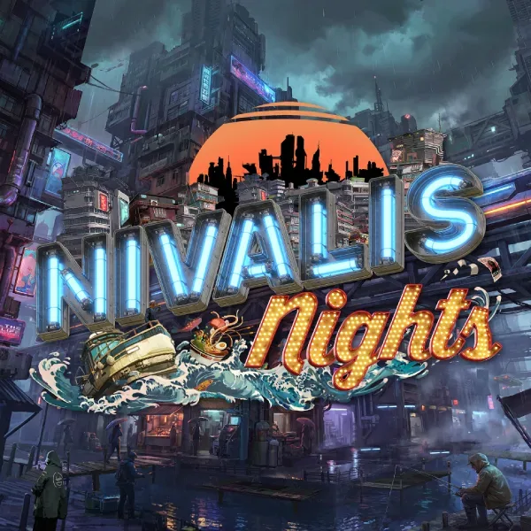 Nivalis Nights neon-lit seaside cyberpunk cityscape