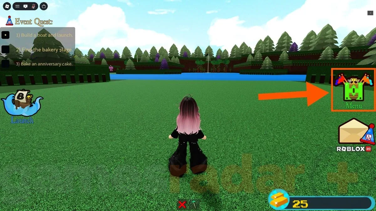 An orange arrow points to the Menu button where you can redeem Build a Boat for Treasure codes.