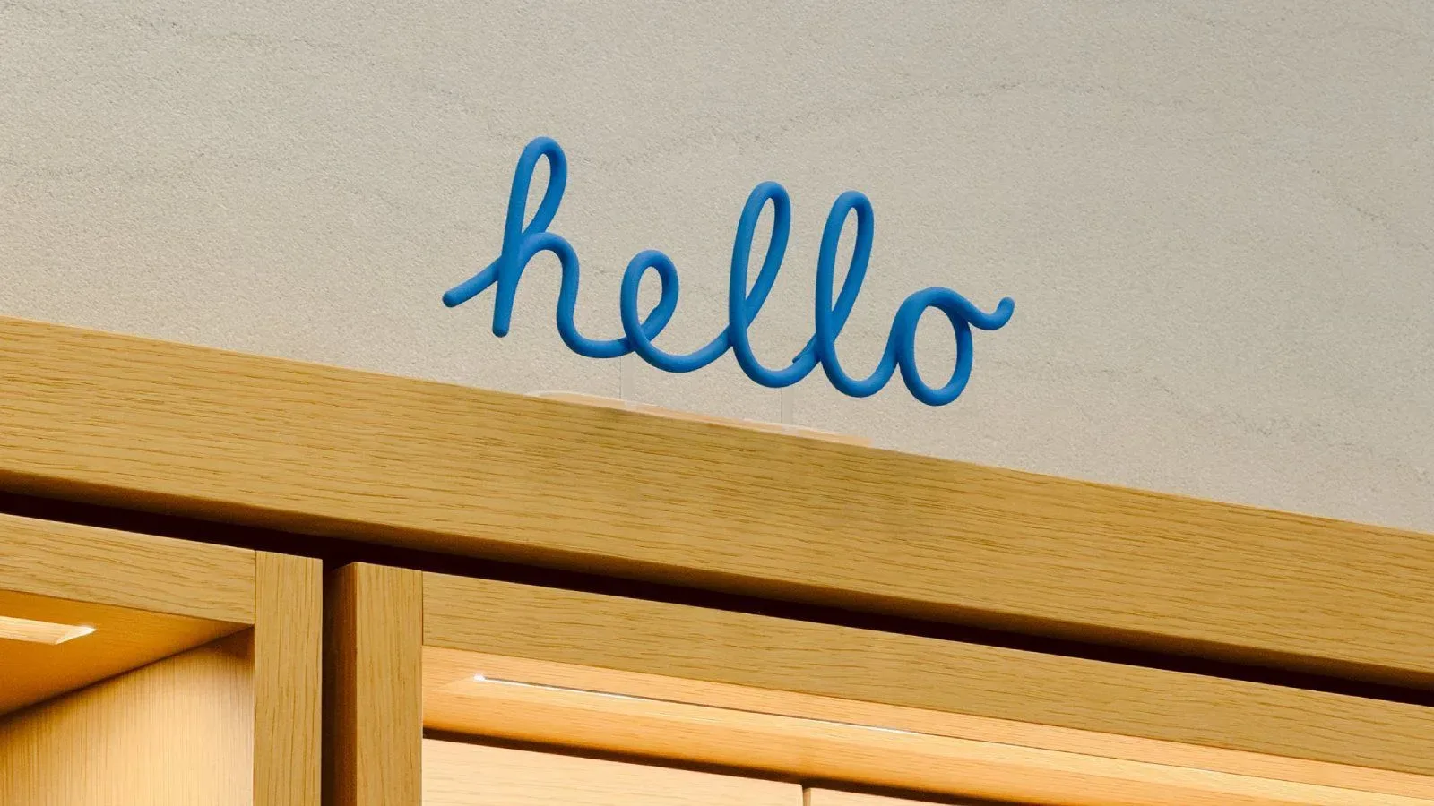A distant ‘hello’ decoration in an Apple Store used as an iPhone camera zoom test target