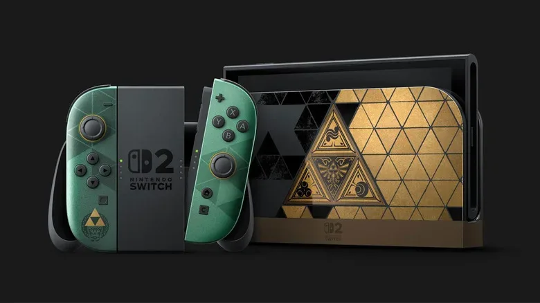 Close view of Zelda anniversary Joy-Con 2 controllers with Link and Zelda pixel-art details