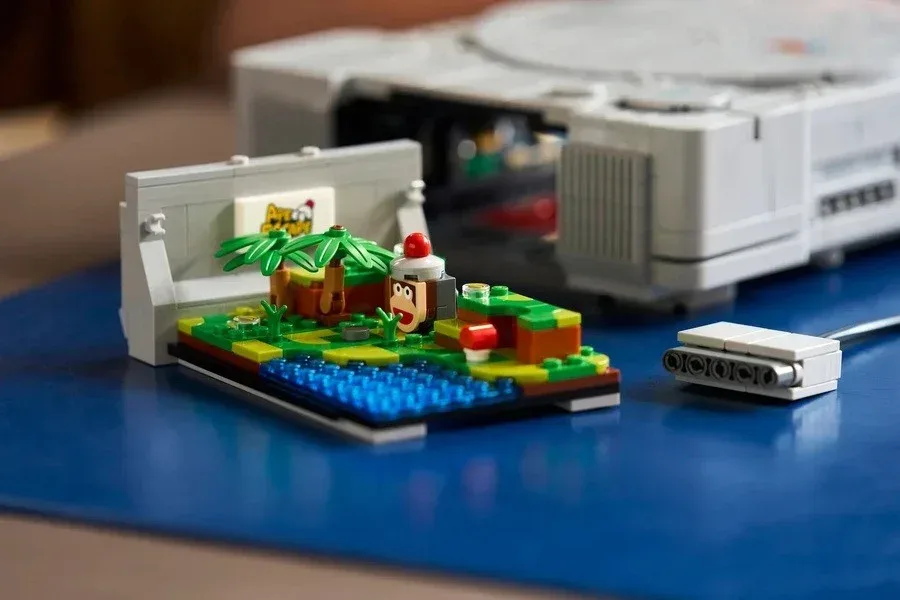 LEGO Sony PlayStation replica with classic controller and display dioramas