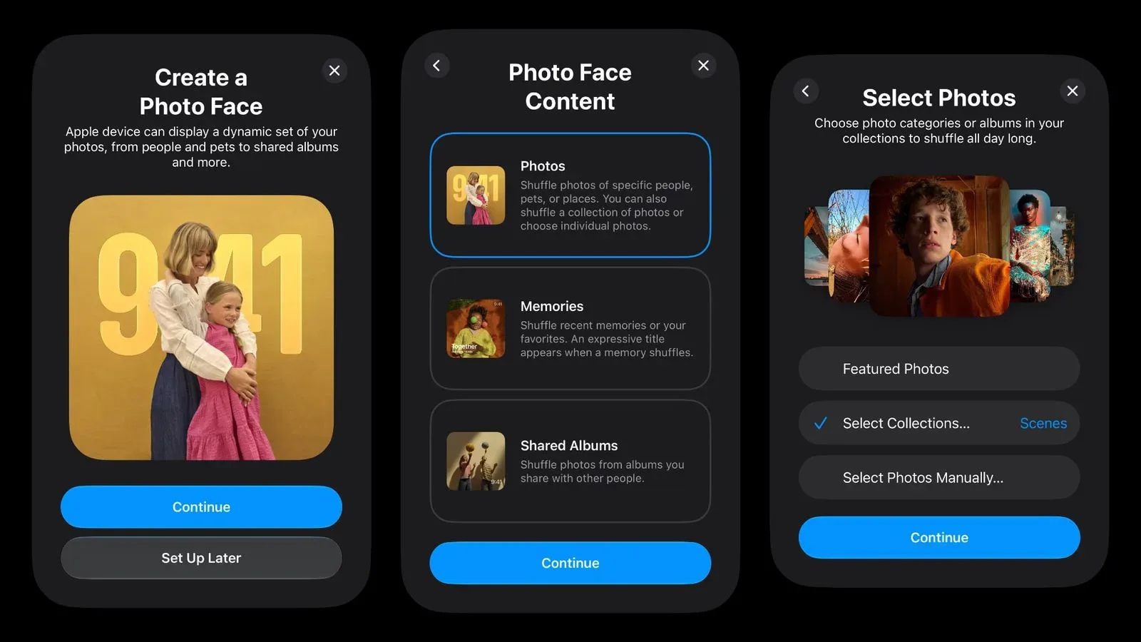 Purported Apple home hub Photo Face setup screen with photo collection options