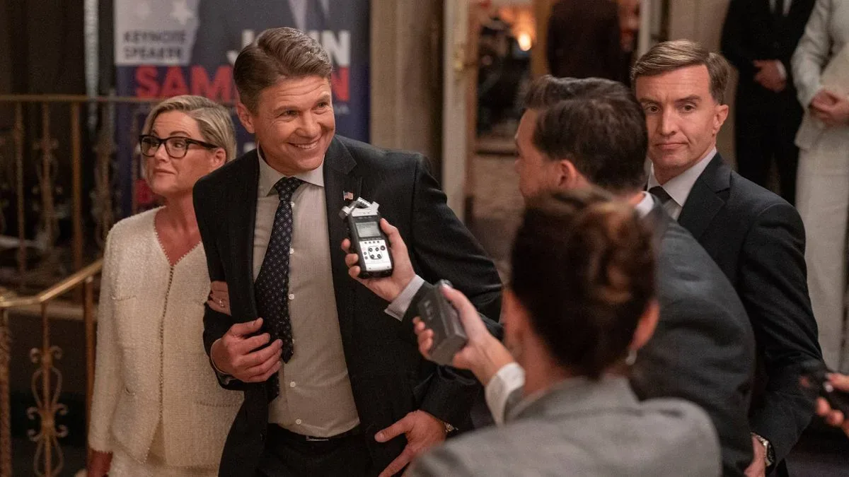 Kathleen Robertson as Elspeth Sampson, Marc Blucas as John Sampson, and Aaron Poole as Springfield in Reacher season 4