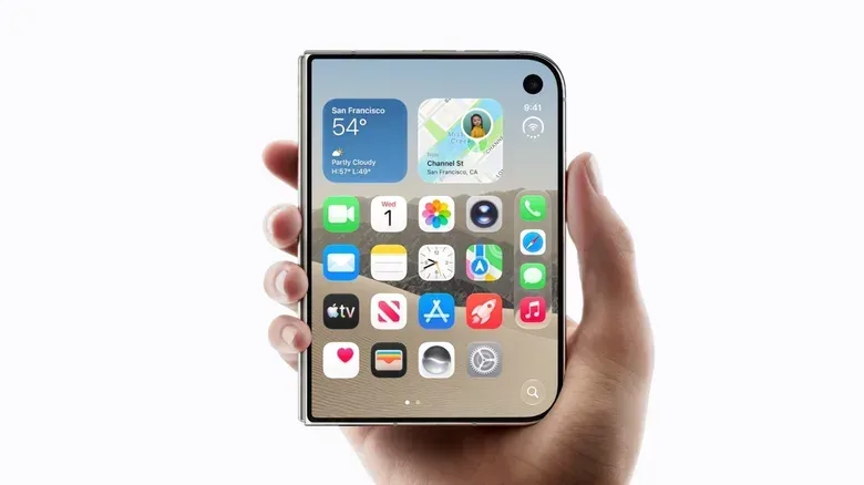 iPhone Duo folded in tabletop mode with content above and keyboard controls below